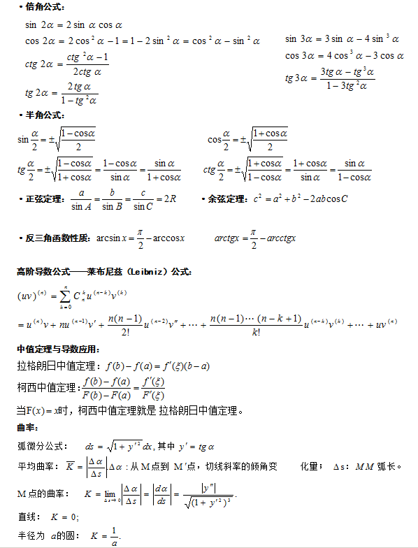 2013年成人高考(專升本)高等數學公式大全