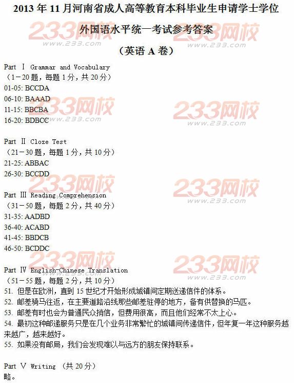 河南2013年11月成人學位英語考試A卷真題及答案