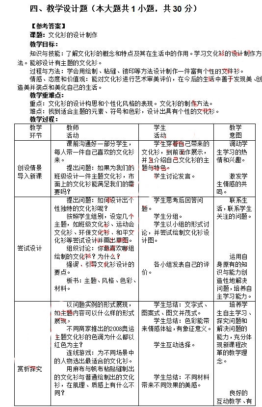 2014年4月教師資格初中美術學科知識與教學能力真題答案
