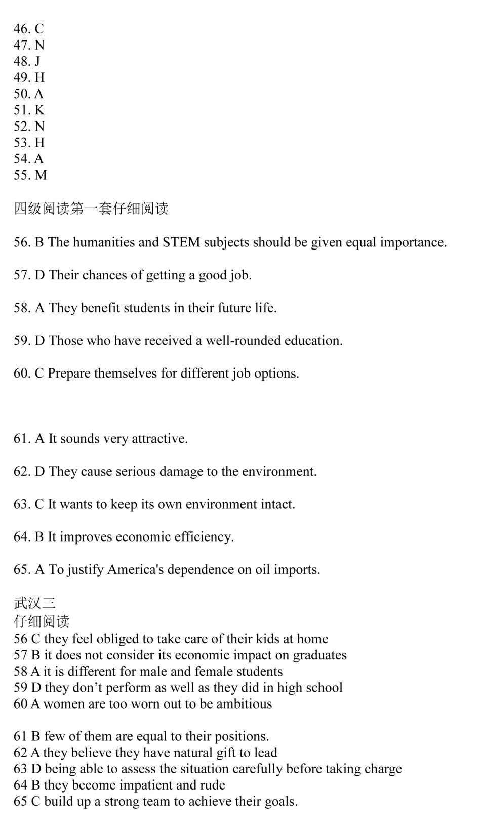 2014年6月英語四級真題試卷參考答案(全)