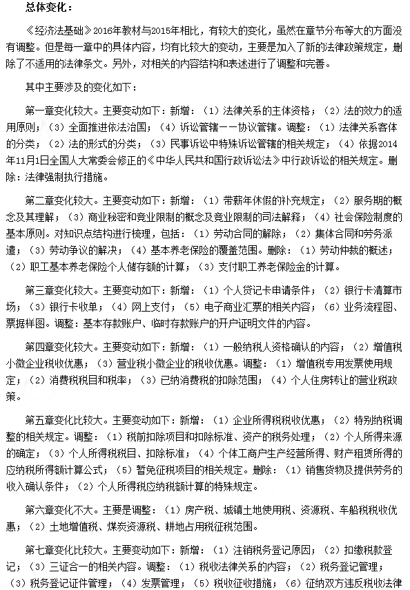 2016年初級會計職稱考試《經濟法基礎》新舊教材變化