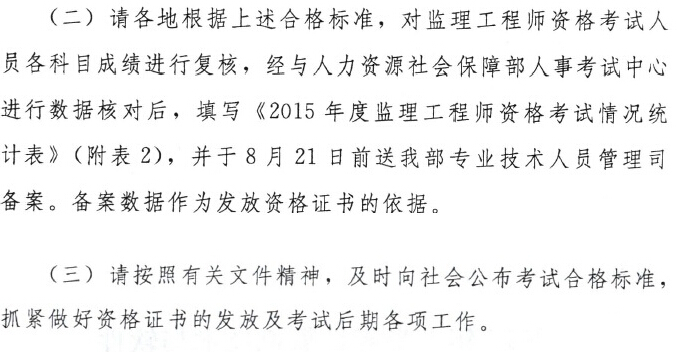 2015年監理工程師考試合格標準