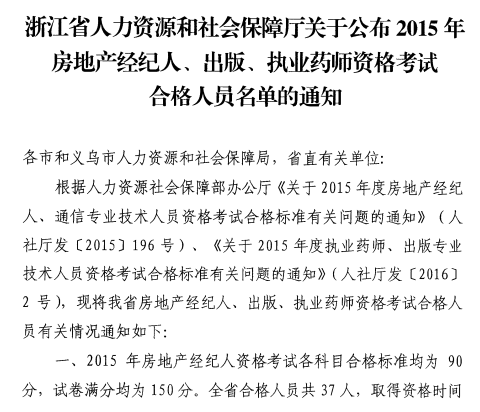 2015年浙江執業藥師考試合格人員名單公布