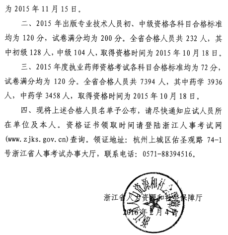 2015年浙江執業藥師考試合格人員名單公布