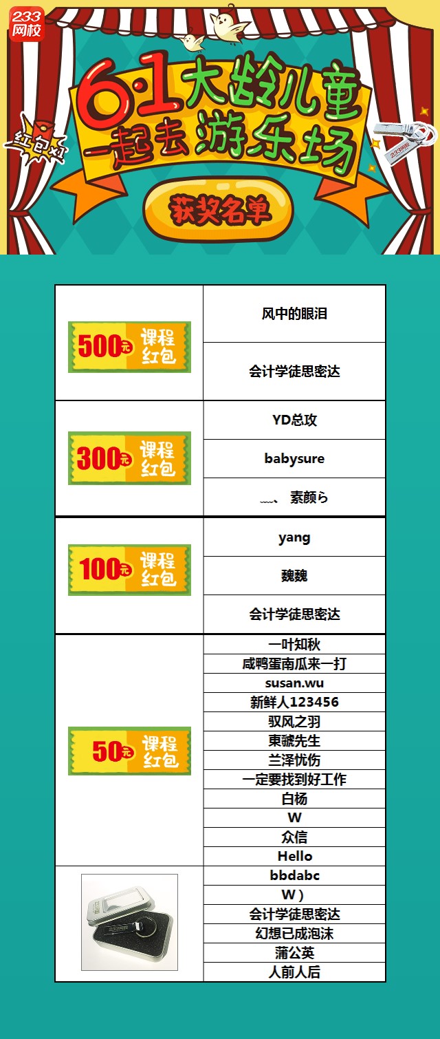 大齡兒童游樂場獲獎名單公布，233網校喊你來領獎