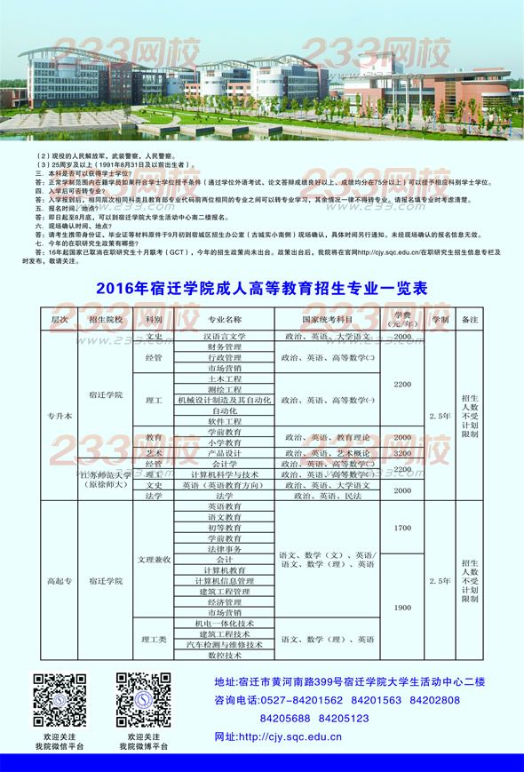 宿遷學院2016年成人高考招生簡章