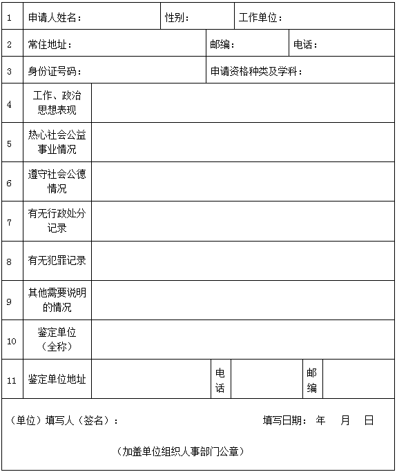 申請人思想品德鑒定表