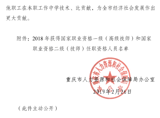 2018重慶獲得國家職業資格一級和二級任職資格名單通知