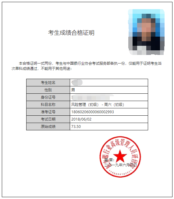 銀行從業考試成績合格證明