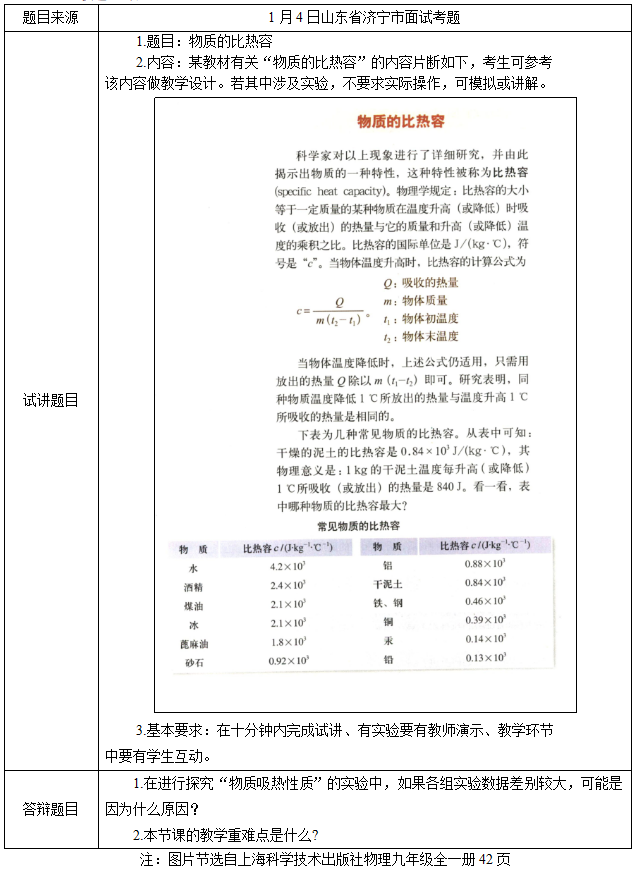 初中物理教師資格證面試真題及答案:物質的比熱容