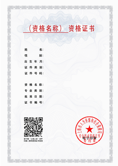 上海市專業技術資格考試電子證書樣式