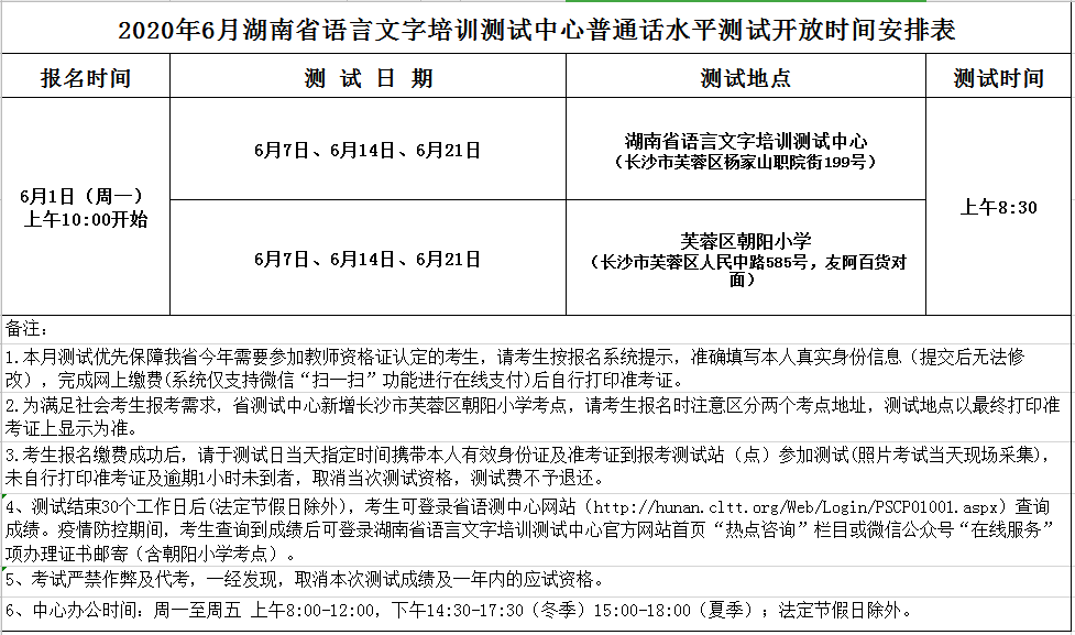 2020年6月湖南省語測中心普通話水平測試開放時間安排表